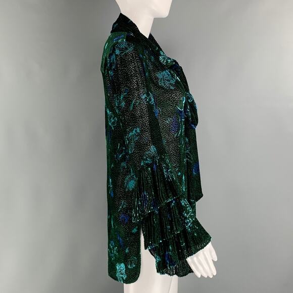 PRABAL GURUNG Size 0 Green Black Viscose Silk Abstract floral V-Neck Dress Top - Picture 3 of 7
